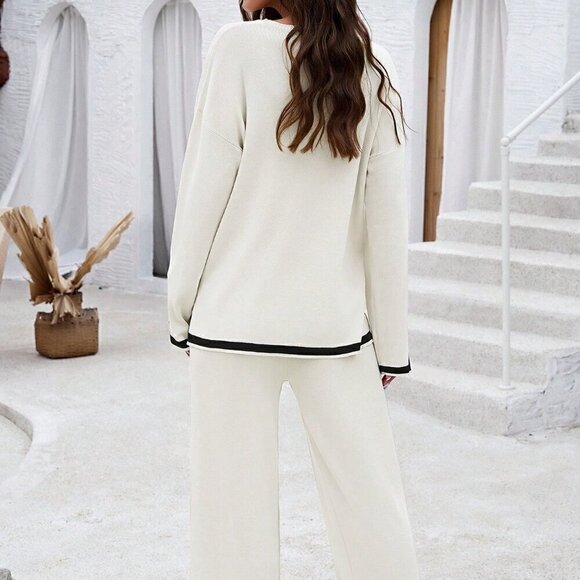 White Casual Women's Daily Color Block Sweater Set - Picture 2 of 8